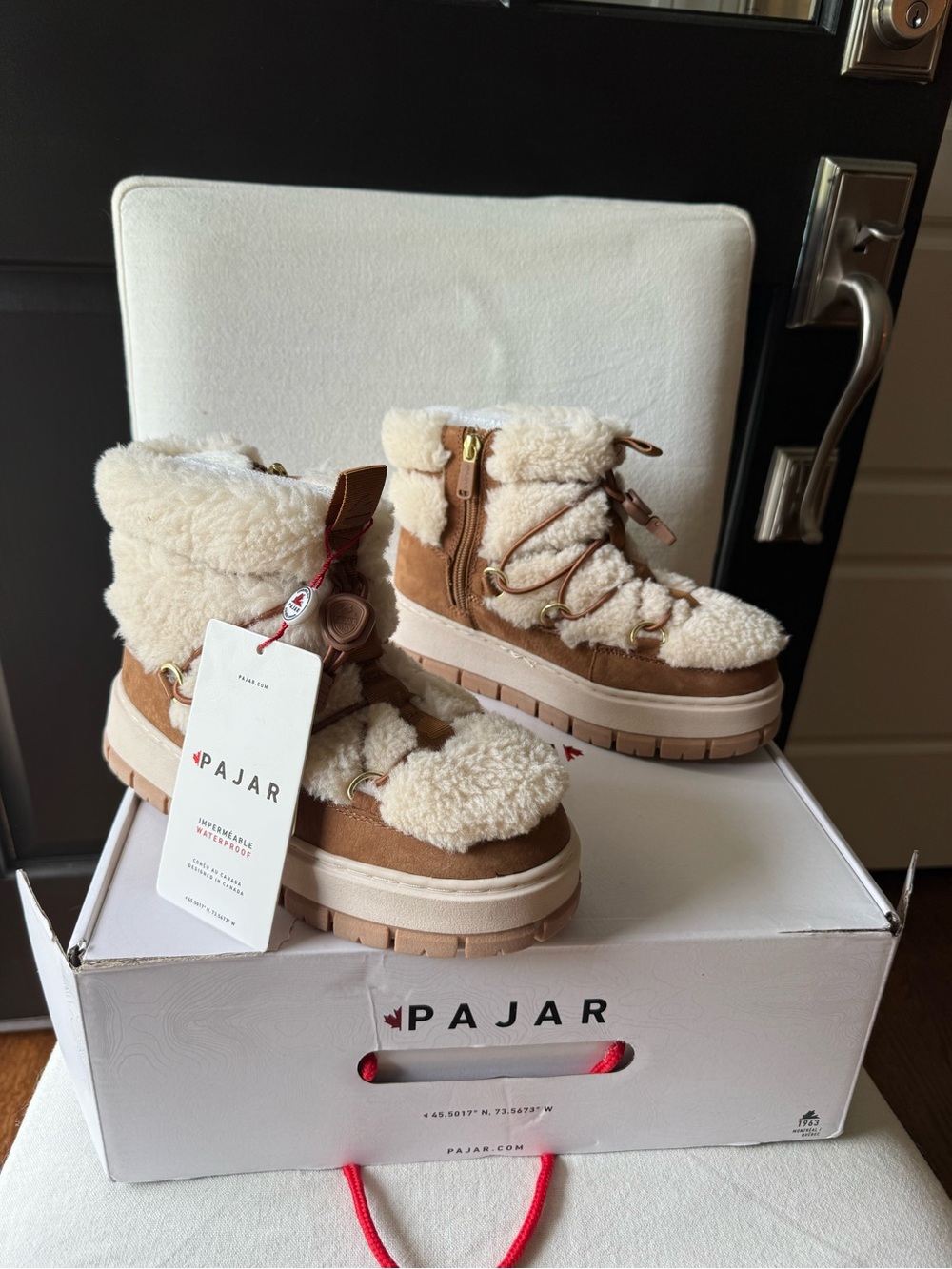 Pajar Shearling-Trim Lace-Up Boots in Cream and Tan
